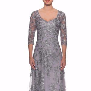 La Femme Floral Embroidered Mesh A-Line Gown - 10